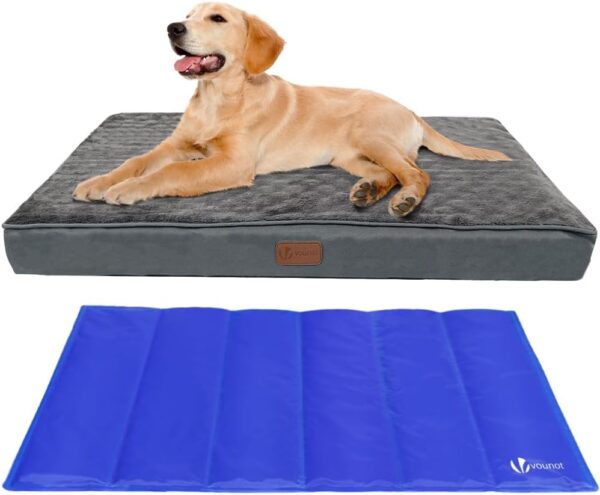 VOUNOT 2 in 1 Large Dog Bed with Cooling Mat, Orthopedic Dog Mattress Pet Cushion with Removable Cover, Grey, 115x81x9 cm