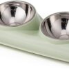 Vealind Double Pet Dog Bowl with Raised Stand, 15 Degree Tilted Non Slip Cat Food and Water Feeding Bowls Green)