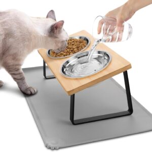 Vmglgig Cat Bowl, 2PCS Stainless Steels Cat Food Bowls With 15° Tilted Wood Stand, Raised Cat Bowls for Food and Water, Bamboo Cat Feeding Station with Cat Food Mat for Cats and Puppy