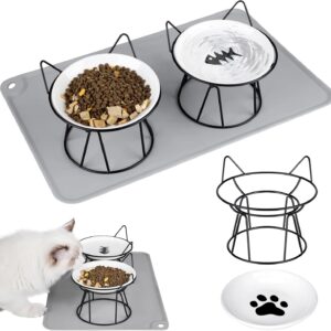 Vyuwast Cat Bowls with Stand Tilted, Raised Cat Feeding Bowls Flat Ceramic Anti Vomiting Dog Bowls with 15°Anti Vomiting Cat Feeder Stand with Pet Bowl Mat Cat Dishes for Food and Water Bowls(Black)