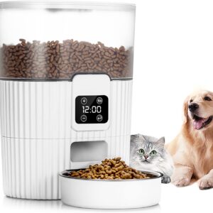 WHATOOK Automatic Cat Feeders, Pet Food Dispenser with Stainless Steel Bowl & LCD Screen, Cat Feeder with Programmable Timer Control 1-6 Meals per Day for Cats,Dogs & Small Medium Pets (3.5L, White)