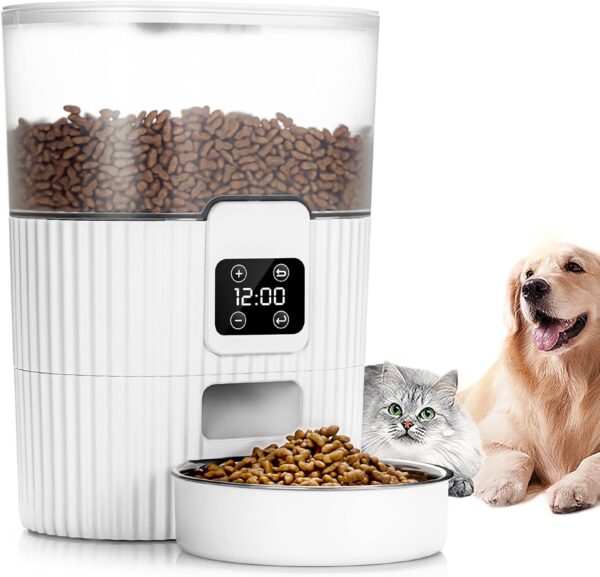 WHATOOK Automatic Cat Feeders, Pet Food Dispenser with Stainless Steel Bowl & LCD Screen, Cat Feeder with Programmable Timer Control 1-6 Meals per Day for Cats,Dogs & Small Medium Pets (3.5L, White)