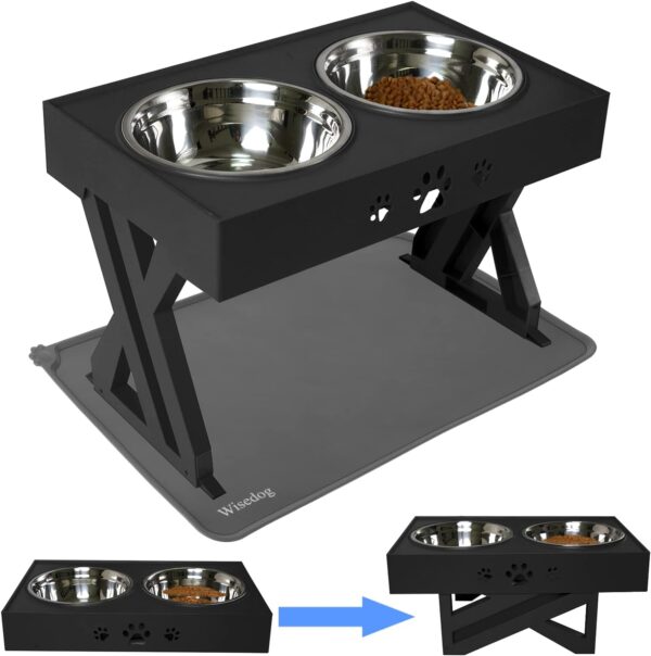 Wisedog Raised Dog Bowl with Stand: Elevated Dog Bowls with Silicone Mats Non Slip for Medium Large Dogs, Adjusts to 3 Heights, 2.8", 7.5" & 11.6" Stand (Black, with Silicone pad)