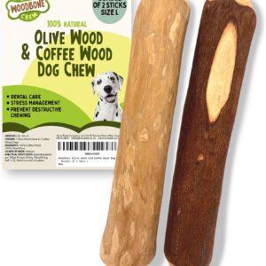 Woodbone Olive Wood and Coffee Wood Dog Chew Stick For Large Dogs - Natural Dental Chewing Toy - Bundle of 2 Size L