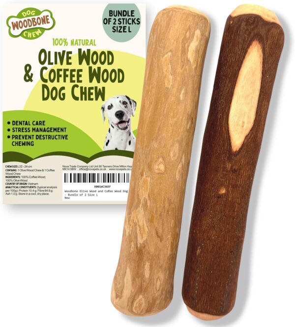 Woodbone Olive Wood and Coffee Wood Dog Chew Stick For Large Dogs - Natural Dental Chewing Toy - Bundle of 2 Size L