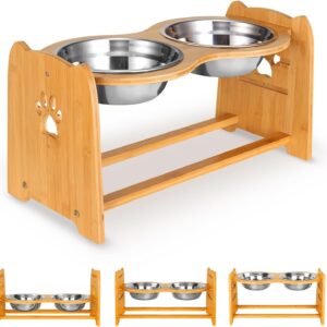 X-ZONE PET Raised Pet Bowls for Cats and Dogs, Adjustable Bamboo Elevated Dog Cat Food and Water Bowls Stand Feeder with 2 Stainless Steel Bowls and Anti Slip Feet