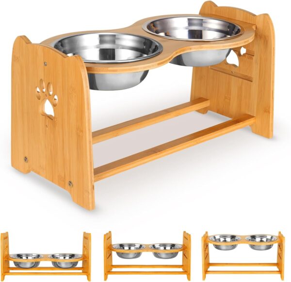 X-ZONE PET Raised Pet Bowls for Cats and Dogs, Adjustable Bamboo Elevated Dog Cat Food and Water Bowls Stand Feeder with 2 Stainless Steel Bowls and Anti Slip Feet