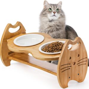 YOUEON Adjustable Elevated Cat Bowls, 15° Tilted Cat Raised Food Bowls Stand, Non Slip Ceramic Cat Bowl Dish with Bamboo Stand for Food and Water Cats Puppy Dog, 3 Height Levels, Easy to Assemble