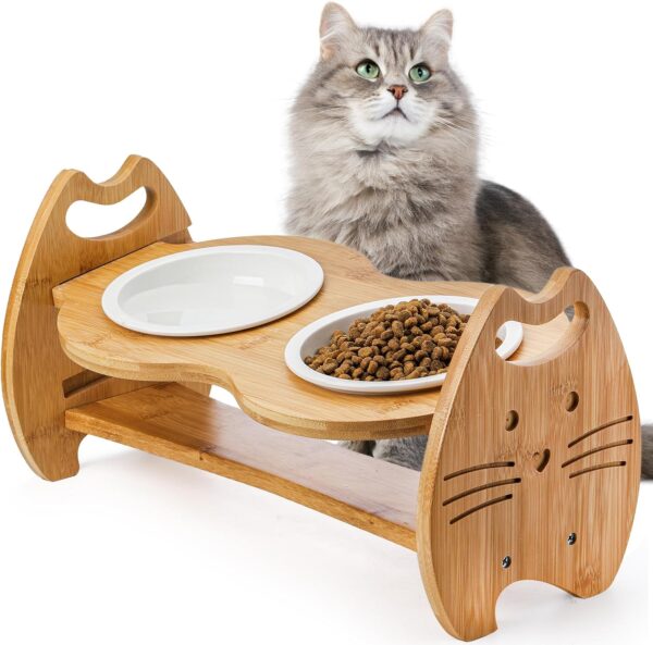 YOUEON Adjustable Elevated Cat Bowls, 15° Tilted Cat Raised Food Bowls Stand, Non Slip Ceramic Cat Bowl Dish with Bamboo Stand for Food and Water Cats Puppy Dog, 3 Height Levels, Easy to Assemble