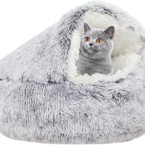 YUDANSI Cat Bed, 40cm Covered Cat Bed for indoor outdoor Cats Calming Down,Burrowing Cat Small Dog Bed with Large Hood for Anti Anxiety, Non-Slip Plush Faux Fur Nest with Ceiling Kitten Puppy Pet Bed