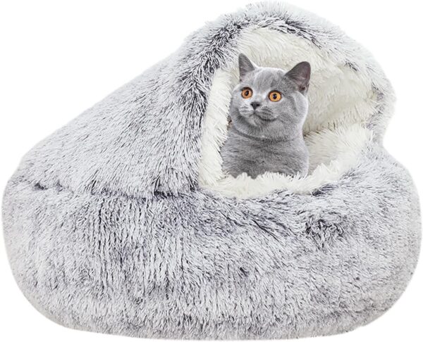 YUDANSI Cat Bed, 40cm Covered Cat Bed for indoor outdoor Cats Calming Down,Burrowing Cat Small Dog Bed with Large Hood for Anti Anxiety, Non-Slip Plush Faux Fur Nest with Ceiling Kitten Puppy Pet Bed