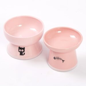 YY FOREYY Raised Cat Food and Water Bowl Set, Elevated Ceramic Cat Feeder Bowls with Anti Slip Band, Porcelain Pet Dish with Stand, Stress Free, Backflow Prevention, Dishwasher Safe(Pink)