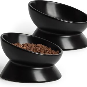 YauYik Cat Bowls Anti Vomiting, Raised Cat Food Bowls, Tilted Elevated Cat Bowl, 10 Oz Ceramic Pet Food Bowl for Flat Faced & Short Leg Cats, Small Dogs, Dishwasher Safe (Black, 2 Pack)