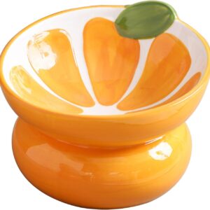 Yeexoxow Ceramic Raised/Elevated Cat Food Bowl for Indoor Cats, Anti Vomiting & Protect Pet's Spine, Cute Fruit Themed Tilted Cat Dish for Flat Faced Cats and Kitten (Orange Shaped)