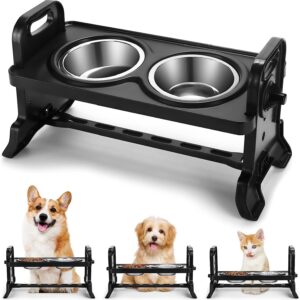 Yuehuamech Elevated Dog Bowls Adjustable Raised Dog Bowl Stand with Double Stainless Steel Dog Food Bowls Adjusts to 4 Heights 3.3”, 4.5”, 5.7”, 6.9”, for Small Medium Large Dogs and Pets