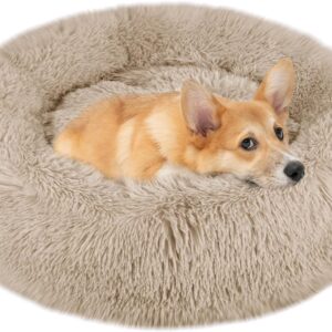 fireowl Calming Dog Bed: 80cm Donut Bed Anti Anxiety Dog Bed Cozy Pet Dog Bed Plush Cuddler Soft Puppy Sofa Cat Cushion Machine Washable Dog Sofa Bed Beige