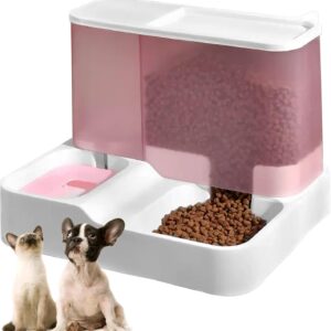 kathson All-in-One Automatic Cat Food and Water Dispenser Set Gravity Cat Feeder with Stainless Steel Bowl Large Capacity Self Feeding Dog Feeder and Waterer for Small Dogs Cats Pets（Pink）