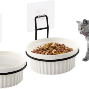 pawstrip Ceramic Pet Feeder, Wall Mounted Bowls Elevated Cat Food and Water Bowl Set, Spill Proof Dog Bowl Stand (2 Pack)