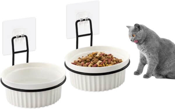 pawstrip Ceramic Pet Feeder, Wall Mounted Bowls Elevated Cat Food and Water Bowl Set, Spill Proof Dog Bowl Stand (2 Pack)