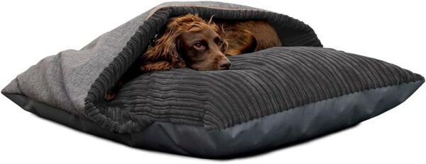 rucomfy Fibre-Filled Medium Burrower Calming Dog Bed with Comfort Blanket - Machine Washable Jumbo Cord Pet Bed with Water Resistant Base - 70 x 85 x 20cm (Slate Grey)