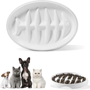 septillar Cat Slow Feeder Bowl, Anti-Gulping Cat Puzzle Feeder Bowl, Non-Slip Fishbone Design Dry Wet Food Bowl For Cat and Puppy (White)