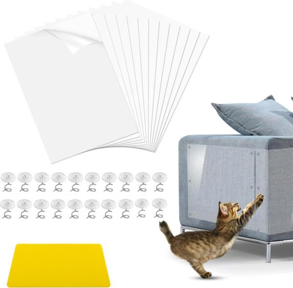 12PCS Sofa Cat Scratch Protector Self-Adhesive Scratch Pads(45x30cm), Anti Scratch Cat Film Furniture Protector Transparent Deterrent Tape for Couch (Pins and Scraper Included)