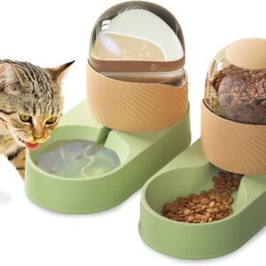 Kathson Automatic Cat Feeder, Automatic Gravity Dog Feeder Set, Pet Automatic Waterer Feederer, Cat Food Dispensers Set 2L for Small Pets, Puppy, Kitten(Green-Orange)