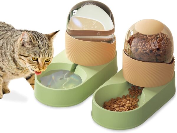 Kathson Automatic Cat Feeder, Automatic Gravity Dog Feeder Set, Pet Automatic Waterer Feederer, Cat Food Dispensers Set 2L for Small Pets, Puppy, Kitten(Green-Orange)