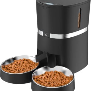 Automatic Cat Feeder, WellToBe Pet Feeder Food Dispenser for Cat & Small Dog with Two-Way Splitter, up to 6 Meals with Portion Control, Voice Recorder - Battery and Plug-in Power (A36D-B)