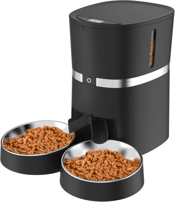 Automatic Cat Feeder, WellToBe Pet Feeder Food Dispenser for Cat & Small Dog with Two-Way Splitter, up to 6 Meals with Portion Control, Voice Recorder - Battery and Plug-in Power (A36D-B)