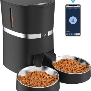 Automatic Cat Feeder, Smart Pet Food Dispenser with APP Control, WiFi Enabled Automatic Feeder for Dogs & Cats, Double Stainless Steel Bowls,6 Meals Portion Control and Voice Recording (S36D-B)