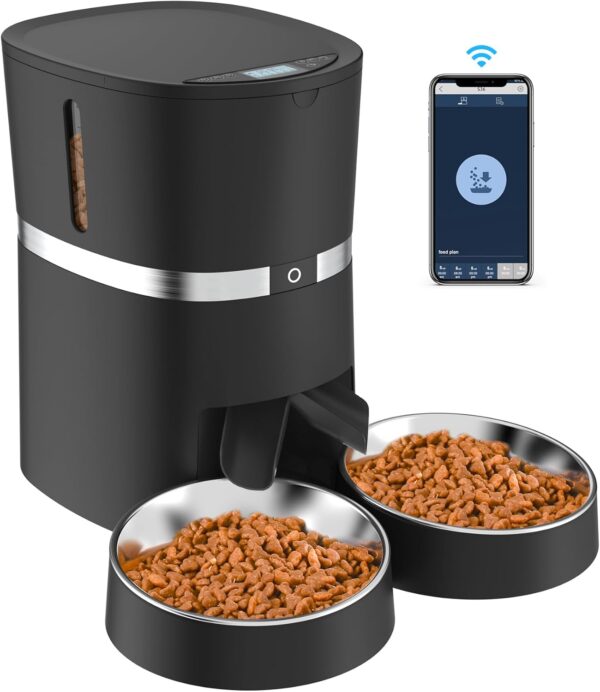 Automatic Cat Feeder, Smart Pet Food Dispenser with APP Control, WiFi Enabled Automatic Feeder for Dogs & Cats, Double Stainless Steel Bowls,6 Meals Portion Control and Voice Recording (S36D-B)