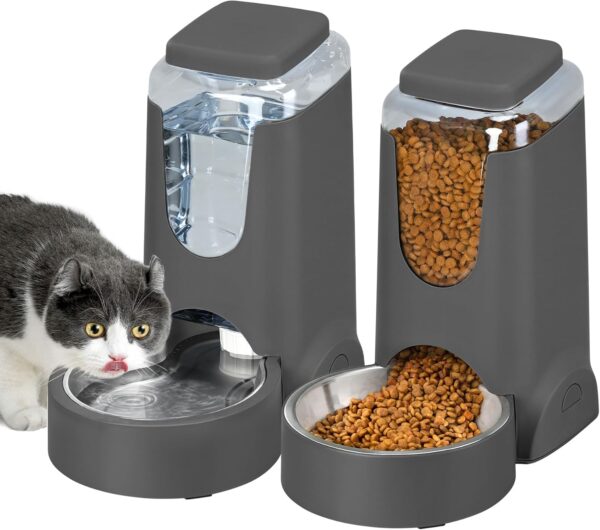 2 Pack Automatic Cat Feeder and Gravity Stainless Steel Water Dispenser, Dog Food Feeder and Waterer Set for Small Medium Puppy Kitten Pets (1 Gallon x 2, Gray)