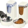 2 Pack Automatic Cat Feeder and Stainless Steel Water Dispenser, Gravity Dog Waterer Set Food Feeder and Waterer Set for Small Medium Kitten Puppy Pets (1 Gallon x 2, Ivory White)