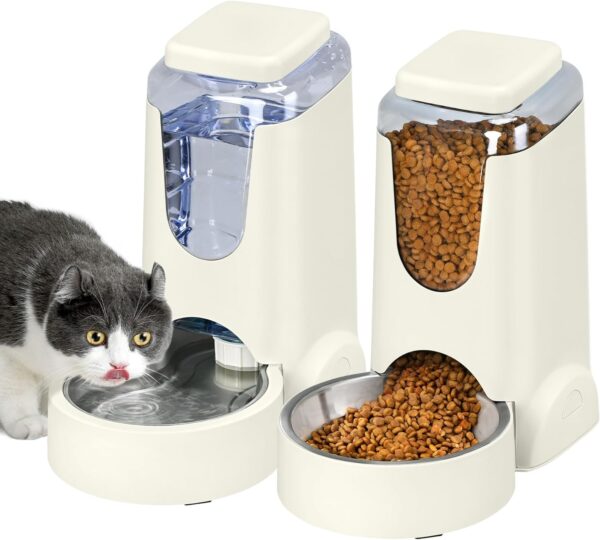 2 Pack Automatic Cat Feeder and Stainless Steel Water Dispenser, Gravity Dog Waterer Set Food Feeder and Waterer Set for Small Medium Kitten Puppy Pets (1 Gallon x 2, Ivory White)