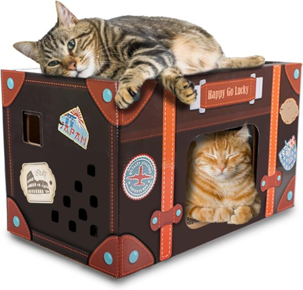 ALL FOR PAWS Cat Scratcher Cardboard Cat House Foldable Kitten Bed Scratch House with Catnip for Indoor Cats (Happy Go Lucky Scratcher)