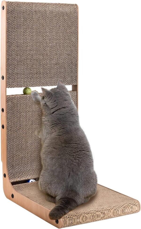 AUSCAT Cardboard Cat Scratcher, Vertical Cat Scratchers for Indoor Cats, 27.2 Inch L-Shape Cat Scratch Pad with Two Build-In Toy Balls