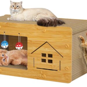 Aheyimcn Cat Scratcher House, Wooden Cat Scratcher House with Cat Cardboard Pad with Ball with Bell, Large Space Let Your Kitties Scratch, Play, & Rest Cardboard Cat House Easy to Assemble (Large)