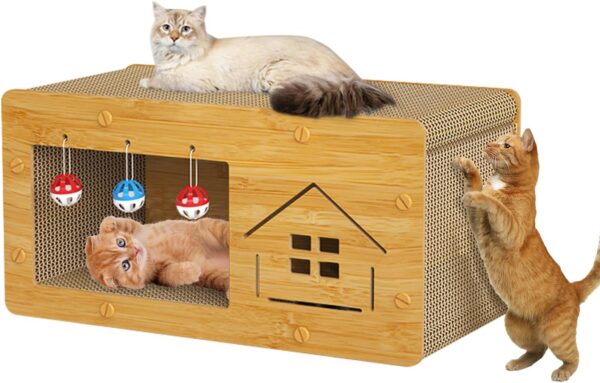 Aheyimcn Cat Scratcher House, Wooden Cat Scratcher House with Cat Cardboard Pad with Ball with Bell, Large Space Let Your Kitties Scratch, Play, & Rest Cardboard Cat House Easy to Assemble (Large)