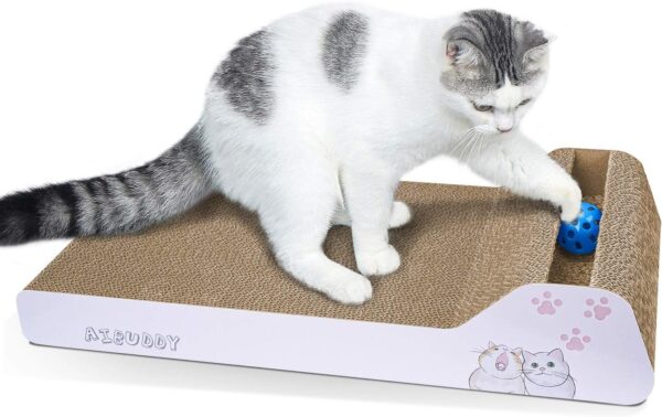 Aibuddy Cat Scratcher, Incline Scratching Pad Reversible Cardboard Lounge Bed with Ball Toy Catnip [ 45x 24 x 8.5 cm, Superior Cardboard & Construction]