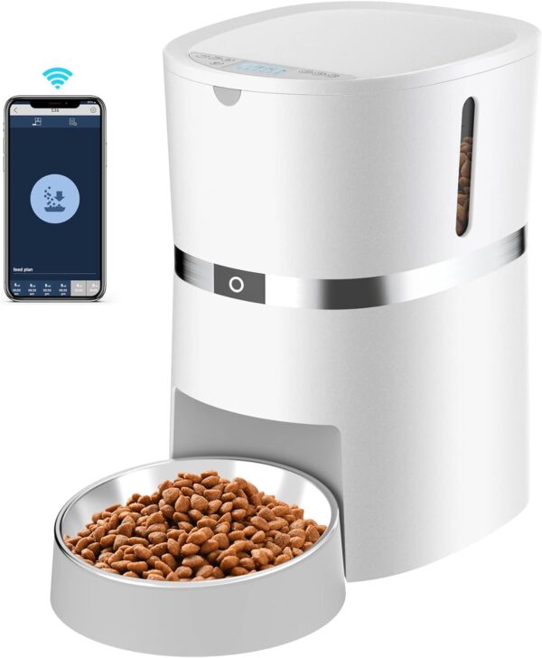 Automatic Cat Feeder | 2.4G WiFi Smart Dry Food Dispenser | APP Control | 1-6 Meal per Day | Programmable Portions | Stainless Steel Bowl | 10s Voice Recorder | 4L for Small/Medium Pets (S36-W)