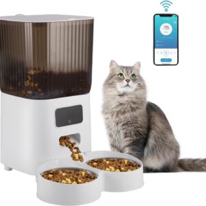 Automatic Cat Feeder, 5L Timed Cat Food Dispenser, 2.4GHz WiFi Cat Feeder, Pet Feeder Dual Power Supply, 2 Stainless Steel Bowl, APP Control, Programmable Time and Portion Size, for Cat Dog Pet