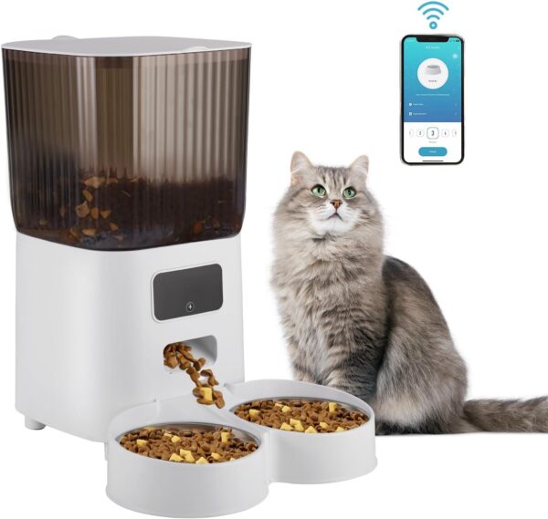 Automatic Cat Feeder, 5L Timed Cat Food Dispenser, 2.4GHz WiFi Cat Feeder, Pet Feeder Dual Power Supply, 2 Stainless Steel Bowl, APP Control, Programmable Time and Portion Size, for Cat Dog Pet