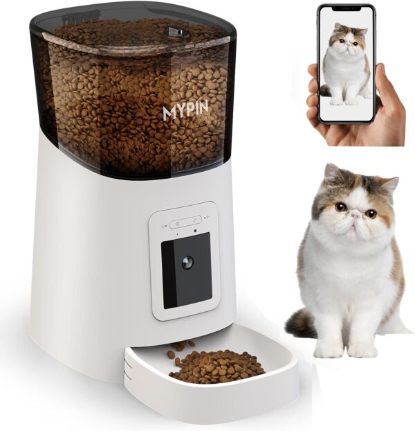 Automatic Cat Feeder, MYPIN 2.4G WiFi 6L Cat Food Dispenser, Cat Feeder Automatic with Timer, 1080P HD Video with Night Vision, 10s Voice Recording, Up to 20 Portions 12 Meals Per Day for Cats