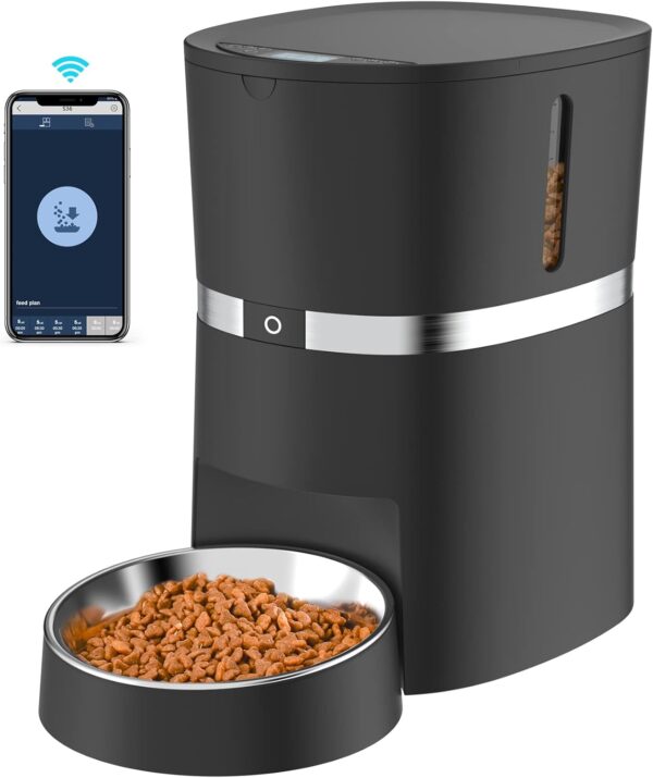 Automatic Cat Feeder, Smart Pet Food Dispenser with APP Control, WiFi Enabled Automatic Feeder for Dogs & Cats, Double Stainless Steel Bowls,6 Meals Portion Control and Voice Recording (S36-B)