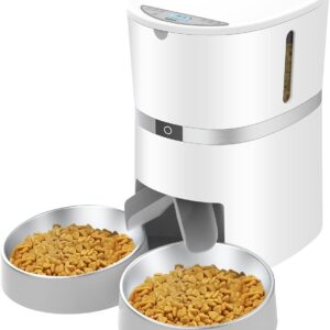 Automatic Cat Feeder, WellToBe Pet Feeder Food Dispenser for Cat & Small Dog with Two-Way Splitter and Double Bowls, up to 6 Meals with Portion Control, Voice Recorder - Battery and Plug-in Power