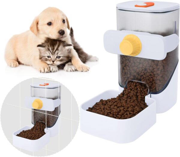 Automatic Replenish Pet Feeder, 1L Capacity Auto Gravity Cage Hanging Food Dispenser Set for Dog and Cat Small Animals, Removable Pet Food Bowl Food Container (Feeder, Yellow&White)