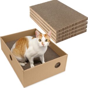 Belle Vous 5 Pieces of Cardboard Cat Scratcher Pads with Bed Box - 24 x 33cm/9.5 x 13 Inches Reversible Cat Scratch Replacement Pads - Corrugated Indoor Lounger for Cat/Kitten to Rest or Play