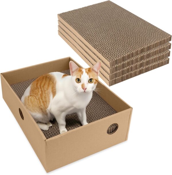 Belle Vous 5 Pieces of Cardboard Cat Scratcher Pads with Bed Box - 24 x 33cm/9.5 x 13 Inches Reversible Cat Scratch Replacement Pads - Corrugated Indoor Lounger for Cat/Kitten to Rest or Play