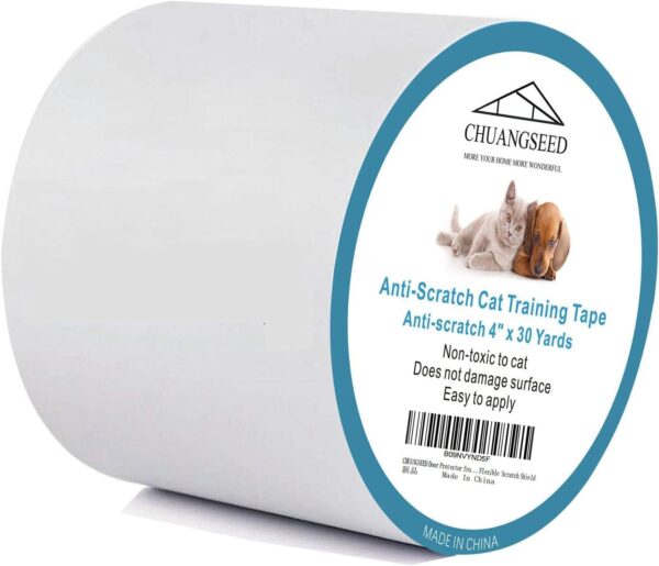 CHUANGSEED 4" x 30Yds(10cmX27.4m) Anti Cat Scratch Tape, Cat Training Tape, 100% Transparent Clear Double Sided Cat Scratch Deterrent Tape, Furniture Protector for Couch, Carpet, Doors